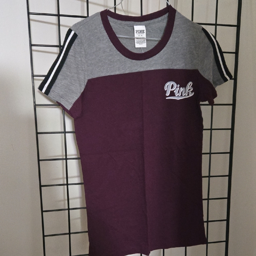 PINK Victoria's Secret Gray and Burgundy Short Sleeve Tee